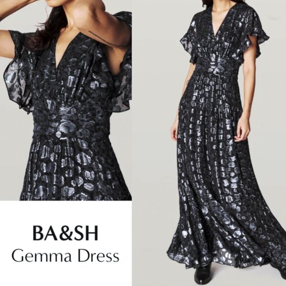 ba&sh Dresses & Skirts - Ba&Sh -Gemma Silk Maxi Dress Noir Metallic Dot Print V Neck Ruffle Sleeve NWOT